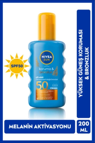 NIVEA  SUN Çift Etkili Yüksek Koruma ve Bronzluk Güneş Spreyi 200ml, SPF50, Doğal Bronzluk, Suya Dayanıklı