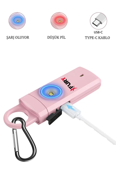 FURY Kişisel Güvenlik Alarmı Ve Anahtarlık - 130db Yüksek Sesli, Işıklı, Şarj Edilebilir, PEMBE - 4