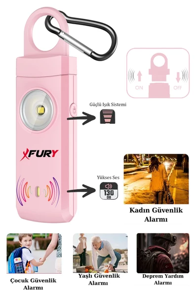 FURY Kişisel Güvenlik Alarmı Ve Anahtarlık - 130db Yüksek Sesli, Işıklı, Şarj Edilebilir, PEMBE - 2