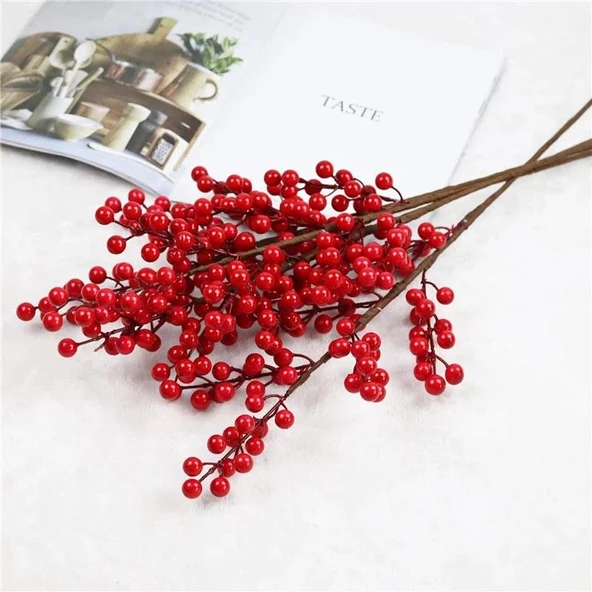 Nettenevime 3 Adet Yapay Çiçek Kokina Uzun Dal 63cm Yılbaşı Çiçeği Red Berry - Resim 3