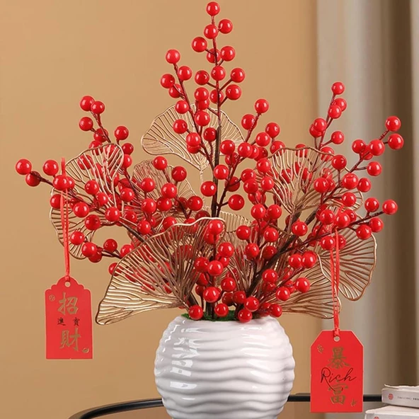 Nettenevime 3 Adet Yapay Çiçek Kokina Uzun Dal 63cm Yılbaşı Çiçeği Red Berry - Resim 4