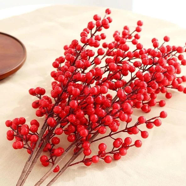 Nettenevime 3 Adet Yapay Çiçek Kokina Uzun Dal 63cm Yılbaşı Çiçeği Red Berry - Resim 6