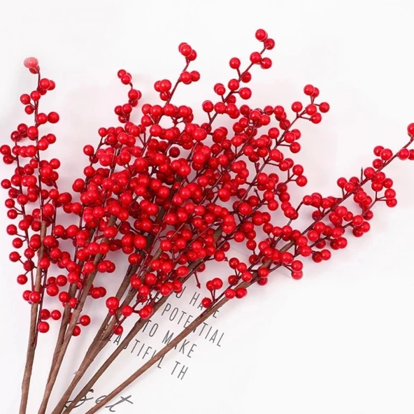 Nettenevime 3 Adet Yapay Çiçek Kokina Uzun Dal 63cm Yılbaşı Çiçeği Red Berry - Resim 2