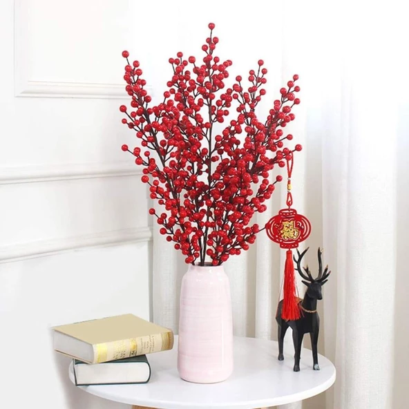 Nettenevime 3 Adet Yapay Çiçek Kokina Uzun Dal 63cm Yılbaşı Çiçeği Red Berry - Resim 5