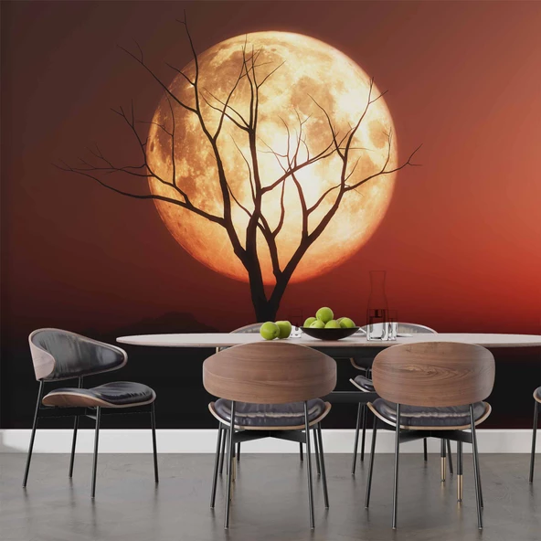 Günbatımı Ağaç ve Ay Manzaralı Duvar Kağıdı - Resim 5