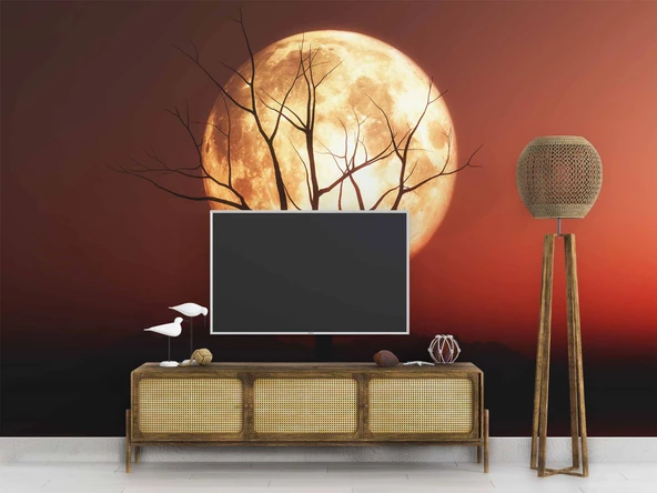 Günbatımı Ağaç ve Ay Manzaralı Duvar Kağıdı - Resim 3