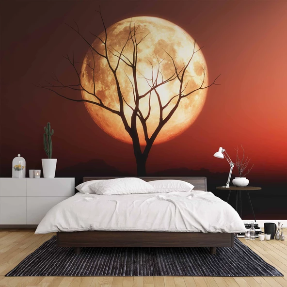 Günbatımı Ağaç ve Ay Manzaralı Duvar Kağıdı - Resim 2