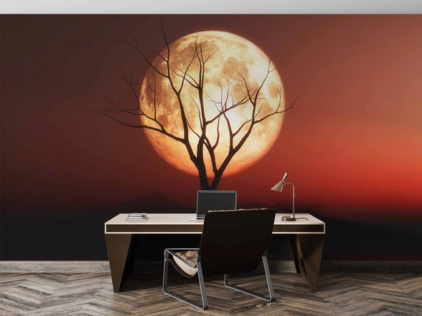 Günbatımı Ağaç ve Ay Manzaralı Duvar Kağıdı - Resim 4