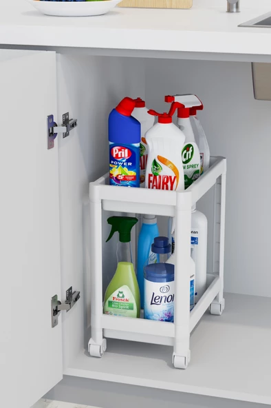 Mithra Life 2 Katlı Tekerlekli Tezgah Altı Beyaz Banyo Mutfak Rafı MIT1119 - 2