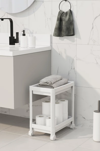 Mithra Life 2 Katlı Tekerlekli Tezgah Altı Beyaz Banyo Mutfak Rafı MIT1119 - 3