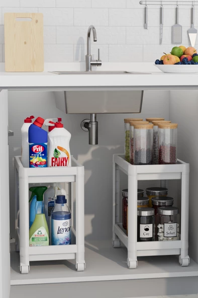 Mithra Life 2 Adet 2 Katlı Tekerlekli Tezgah Altı Beyaz Banyo Mutfak Rafı MIT1120 - 2