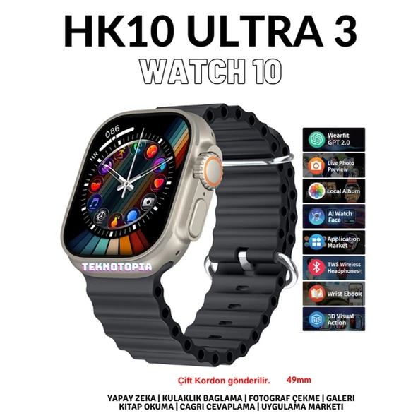 Watch 10 Series HK10 Ultra 3 Amoled Ekran G-Sensör 2.02 Inç Yapay Zekalı Kulaklık Eşleştirmeli Akıllı Saat