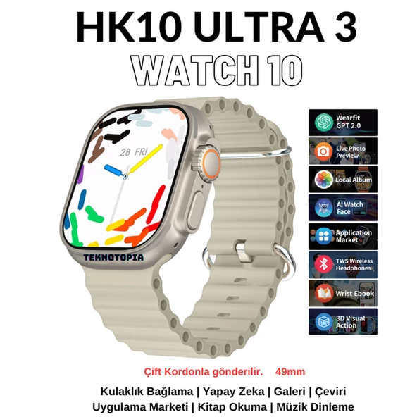 Watch 10 Series HK10 Ultra 3 Amoled Ekran G-Sensör 2.02 Inç Yapay Zekalı Kulaklık Eşleştirmeli Akıllı Saat - 2