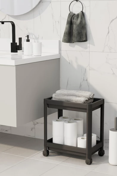 Mithra Life 2 Katlı Tekerlekli Tezgah Altı Siyah Banyo Mutfak Rafı MIT1121 - 4