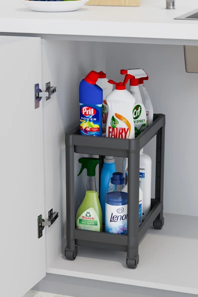 Mithra Life 2 Katlı Tekerlekli Tezgah Altı Siyah Banyo Mutfak Rafı MIT1121 - 2