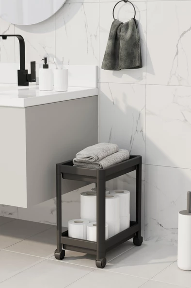 Mithra Life 2 Katlı Tekerlekli Tezgah Altı Siyah Banyo Mutfak Rafı MIT1121 - 3