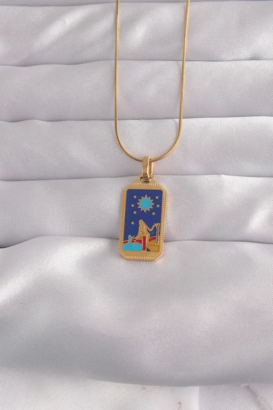 316L Çelik Gold Renk Mavi Mineli Kız Figür Tarot Kolye - TJ-BKO9033