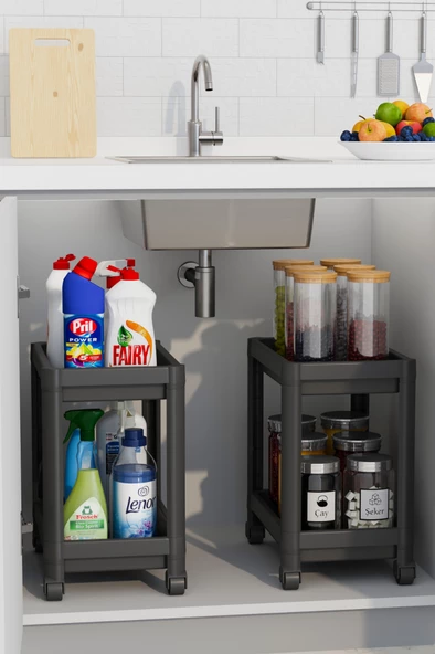 Mithra Life 2 Adet 2 Katlı Tekerlekli Tezgah Altı Siyah Banyo Mutfak Rafı MIT1122 - 2