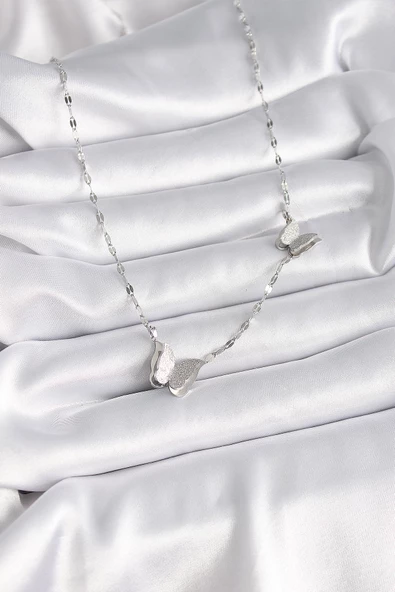 316L Çelik Gümüş Renk Simli Kelebek Model Kadın Kolye - TJ-BKO9413 - Resim 2