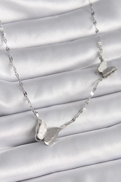 316L Çelik Gümüş Renk Simli Kelebek Model Kadın Kolye - TJ-BKO9413 ürün görseli