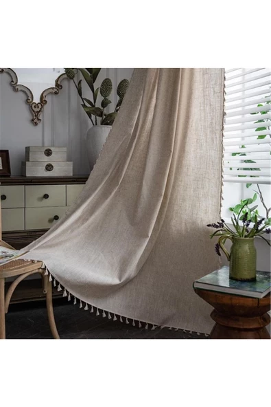 Keten Bohem Tarz Püsküllü Fon Perde (EN X BOY) - Tek Kanat - Pilesiz