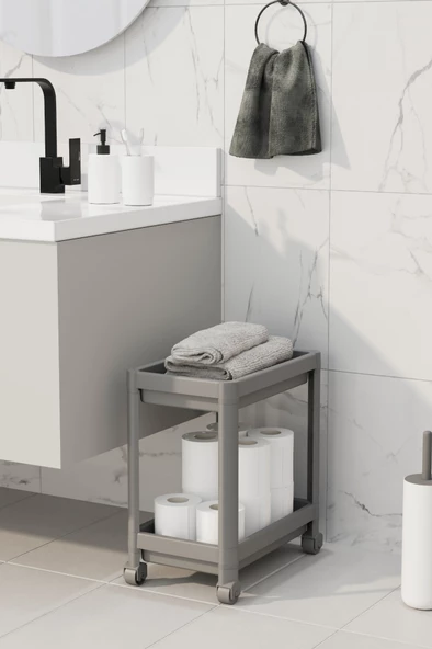 Mithra Life 2 Katlı Tekerlekli Tezgah Altı Gri Banyo Mutfak Rafı MIT1123 - 3