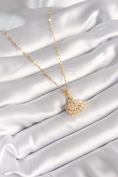 316L Çelik Gold Renk Zincir Zirkon Taşlı Kuğu Model Kadın Kolye - TJ-BKO8398 - 2