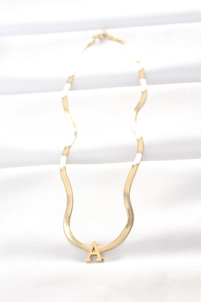 316L Çelik A Harfli Gold Renk İtalyan Zincirli Kolye - TJ-BKO8559 - 2