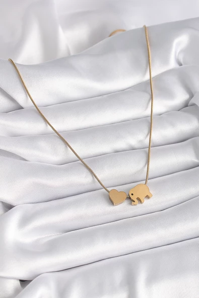 316L Çelik Gold Renk Fil Kalp Figürlü Kadın Kolye - TJ-BKO9421 - Resim 2