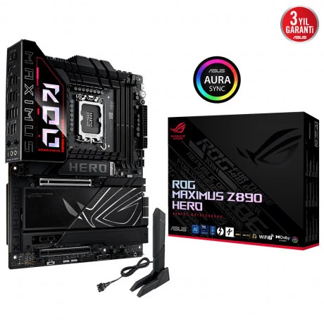 ASUS ROG MAXIMUS Z890 HERO, 8800MHz, 4xDDR5,  6x M.2, HDMI, 2xThunderbolt, 4xType-C, Wi-Fi 7, Bluetooth 5.4, Intel Core Ultra CPUSeri 2, LGA1851 Soket, Gaming Anakart