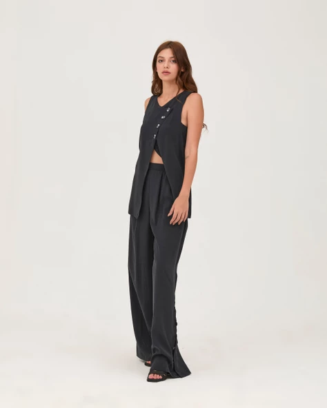 Yırtmaç Düğme Detaylı Geniş Paça Pantolon Füme - 2