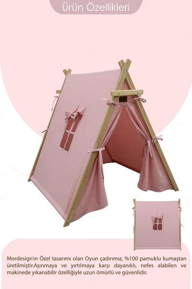 MORDESİGN Çocuk Oyun Çadırı, Kreş/Anaokulu Oyun Alanı, Ahşap Oyun Çadırı, Pencereli Ev Çadır, House Play Tent - 2