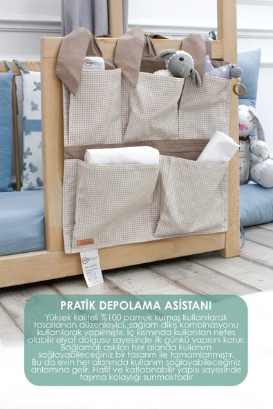 MORDESİGN Yenidoğan Beşik Yanı Düzenleyici, 5 Cepli Bebek Odası Organizeri, Ekose, Svalbard Serisi, Kahve - 2