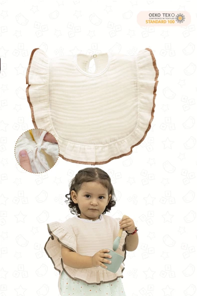 MORDESİGN Bebek Mama Önlüğü  Pamuk 4 kat Müslin Kumaş,Diş Çıkarma Besleme Salya Önlüğü,Ruffle Seri, Krem