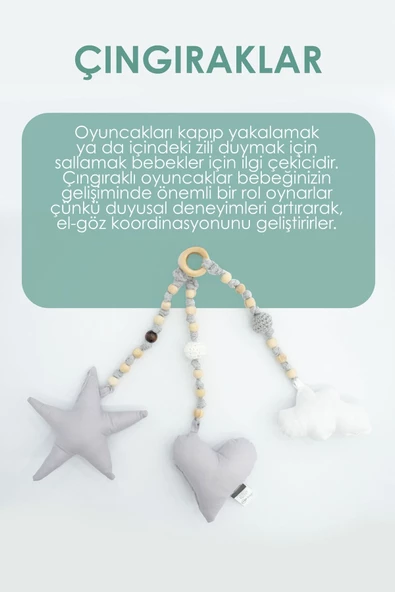 MORDESİGN Ahşap Bebek Egzersiz Aleti, (oyuncaklar Dahil), 3'lü Çıngırak Oyuncak, Naturel Seri, Gri - 4