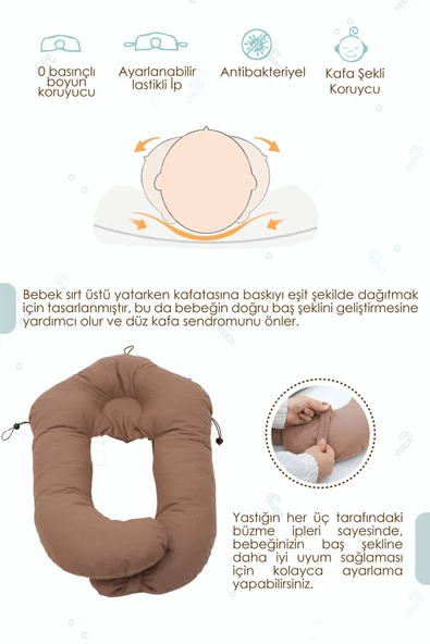 MORDESİGN Moresleep 2'si 1 arada Bebek Sarılma ve Şekillendirme Yastığı, Düz Kafa Yastığı,Pamuklu,Uyku Yastığı - 3