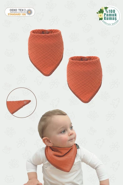 MORDESİGN Bebek Mama Önlüğü, Pamuk 4 kat Müslin Kumaş, Diş Çıkarma Besleme Salya Önlüğü, Fleecy Seri, Turuncu