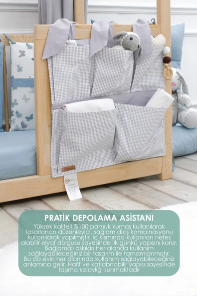 MORDESİGN Yenidoğan Beşik Yanı Düzenleyici, 5 Cepli Bebek Odası Organizeri, Ekose Desen, Svalbard Serisi, Gri - 2