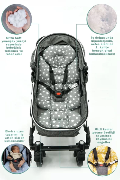 MORDESİGN Bebek Arabası Minderi, Bel Destekli, Çift Taraflı, Stars Serisi, Antrasit - 2