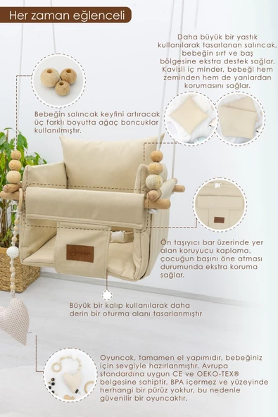 MORDESİGN Tavana Asılan Ahşap Bebek Salıncağı, Yastık Ve Minderli Çocuk Ev/bahçe Salıncağı, Pukapuka Serisi - 5