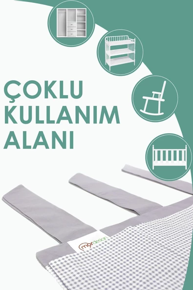 MORDESİGN Yenidoğan Beşik Yanı Düzenleyici, 5 Cepli Bebek Odası Organizeri, Ekose Desen, Svalbard Serisi, Gri - 3