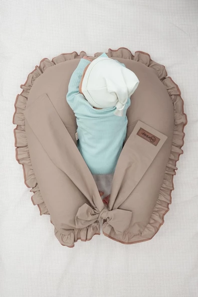 MORDESİGN Fırfırlı Emzirme Yastığı, Bebek Destek Minderi, Hamile Yastığı, Pamuk Kumaş, Ruffle Seri, Kapiçino - 6