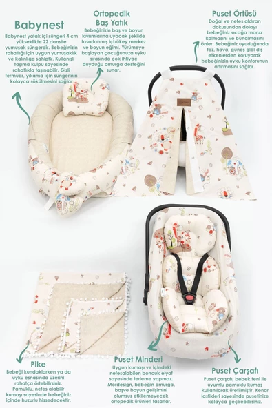 MORDESİGN Ortopedik Puset Minder, Çarşaf, Örtü, Pike Ve Anne Yanı Babynest Yatak 6'lı Set, Animal Serisi - 2