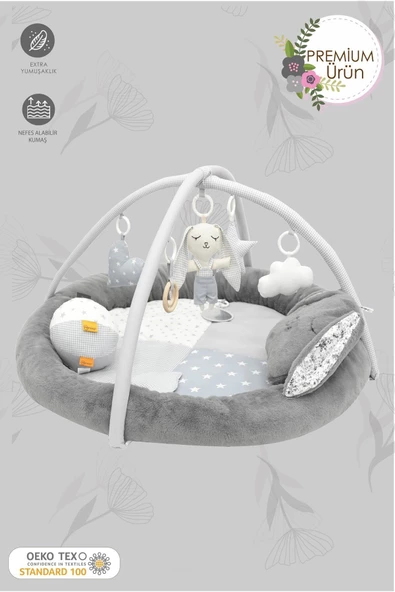 MORDESİGN Bebek Oyun Alanı, Tavşanlı Bebek Aktivite Matı, Yumuşak Oyun Matı, Baby Gym Serisi, Gri - 2