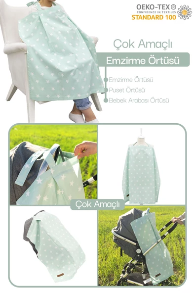 MORDESİGN Çok Amaçlı Bebek Emzirme Örtüsü/Önlüğü; Puset, Bebek arabası örtüsü, Extra Büyük, Yıldız Seri, Mint