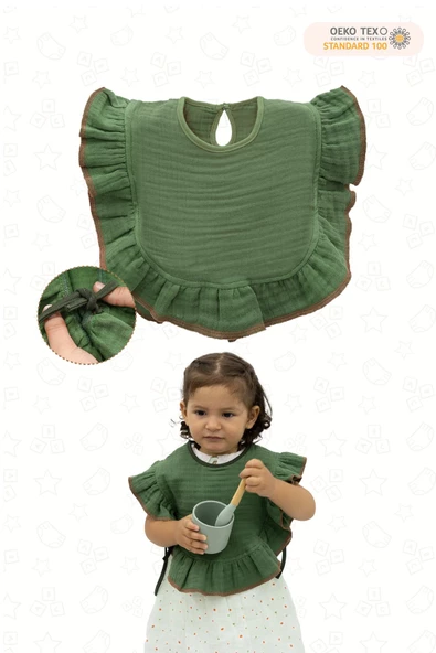 MORDESİGN Bebek Mama Önlüğü  Pamuk 4 kat Müslin Kumaş,Diş Çıkarma Besleme Salya Önlüğü,Ruffle Seri, Yeşil