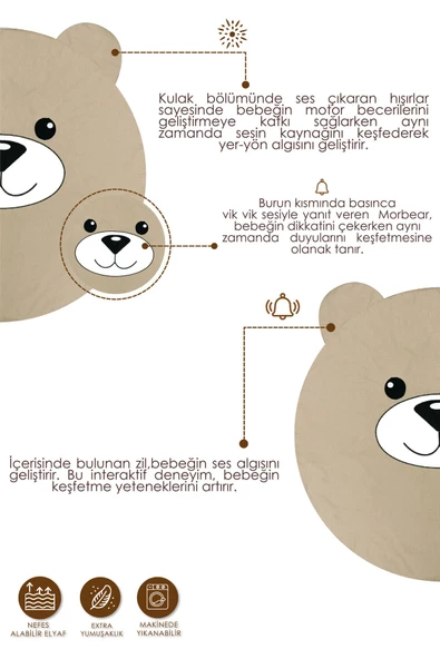 MORDESİGN Bebek/Çocuk Oyun Halısı, Yenidoğan Emekleme Pedi, Aktivite Oyun Matı, Morbear Serisi, Kapiçino - 3