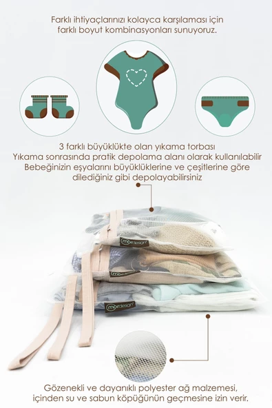 MORDESİGN 3'lü Çamaşır Yıkama Filesi, Kirli/Temiz Bebek Kıyafet Torbası, Kirli Sepeti, Dhobis Seri, Bej - 2