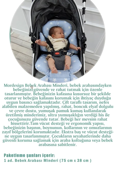 MORDESİGN Bebek Arabası Minderi, Bel Destekli, Çift Taraflı, Stars Serisi, Antrasit - 4