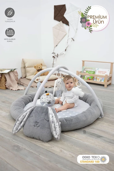 MORDESİGN Bebek Oyun Alanı, Tavşanlı Bebek Aktivite Matı, Yumuşak Oyun Matı, Baby Gym Serisi, Gri